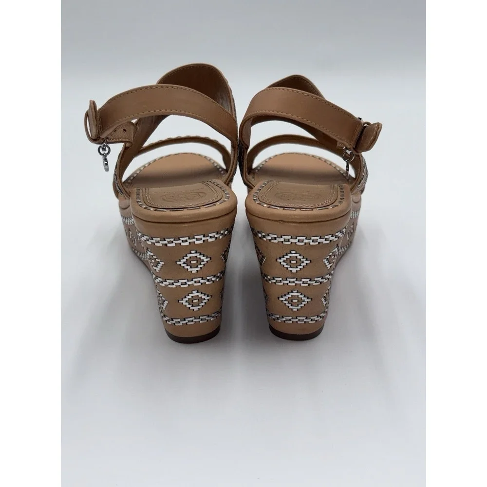 Tory Burch Reena Wedge‎ Sandals Womens 9.5M Tan Leather Embroidered Platform